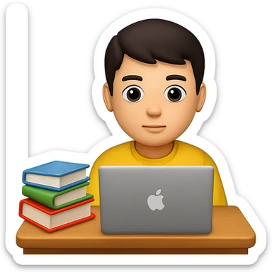 Edit the image to depict a student working on a laptop at a desk with a stack of books on the desk in the style of apple emojis. Maintain the apple emoji style and add a stack of books on the desk clearly visible. sticker