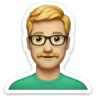 35 year old man with strawberry blond hair, clean shaved chin with moustache, blue eyes and round green glasses sticker