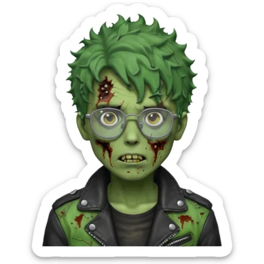 Hombre zombie de piel verde con chaqueta de cuero punk, pelo rizado corto y gafas sticker