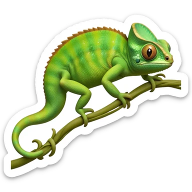 cinematic-chameleon-realistic-full-body-climbing-emoji,-slender-body-gripping-a-twisting-vine-with-prehensile-feet,-scaly-green-skin-shifting-shades-with-its-environment,-large-bulging-eyes-rotating-independently,-delicate-coiled-tail-curling-behind,-long-tongue-slightly-protruding-as-if-ready-to-strike,-simplified-yet-realistic-focused-features,-highly-detailed,-glowing-with-an-ethereal-forest-light sticker
