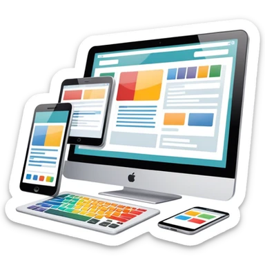 Modern icon for Web Design: a computer and smartphone or tablet screen displaying a website layout, HTML code, and design tools like a stilus and color palette. Transparent background. sticker