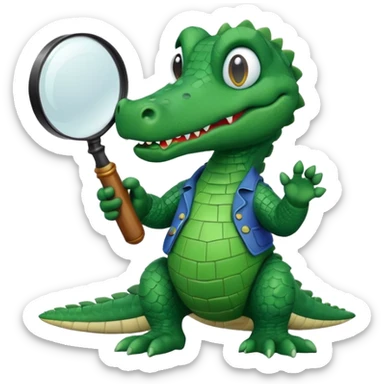 A claymation-style academic alligator holding a magnifying glass. The background is a solid white circle sticker