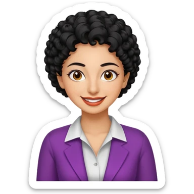 30 year old iranian woman very short curly black hair, big brown eyes, tanned skin, big smile, white teeth, pretty, stylish, shorter hair, boy cut hair, nice clothes sticker