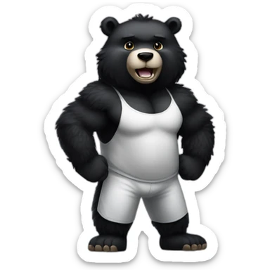 Humanoid muscular tall male fuzzy pitch-black colored black bear, flexing, white sweatpants, upper body shot sticker