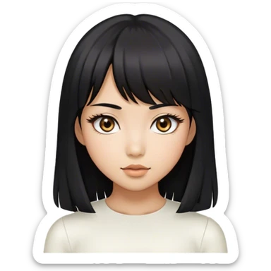 a black hair, tan skin, asian girl, vvery attractive eyes with long lashes，Centre-parted hair, a bit of bangs around the ears, white sheath top. sticker