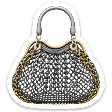 3D render of Mesh Purse, made of interlocking chainmail metal rings, wire mesh texture, visible holes and negative space, metallic silver and grey, high contrast shadows, Apple emoji style, isolated on white background --v 6.0. sticker