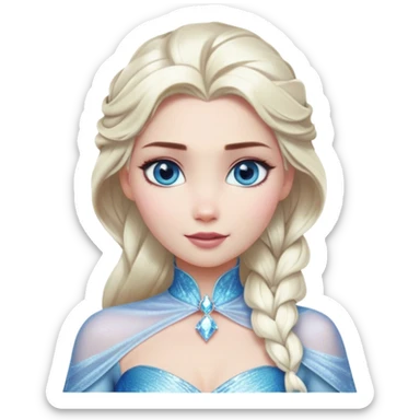 Cinematic Realistic Elsa Portrait, depicted with lifelike skin texture, soft natural lighting, and intricately detailed platinum blonde hair styled elegantly. Her striking, expressive blue eyes exude confidence and grace, complemented by a serene and regal expression. She is dressed in her signature icy attire, with shimmering fabric textures and delicate folds that catch the light beautifully. The portrait features a soft, enchanting glow with a cool, radiant finish, capturing the essence of timeless elegance in a realistic and painterly style, evoking a sense of depth and authenticity. sticker