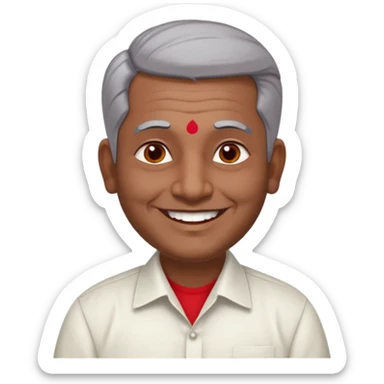 50 yr old indian man, dark skin, grey hair, big smile, white teeth, chubby, no moustache, clean shaven, young style hair, hair brushed back, 5 oclock shadow, bindy, dress shirt, forehead dot, chubby, religious, red dot sticker
