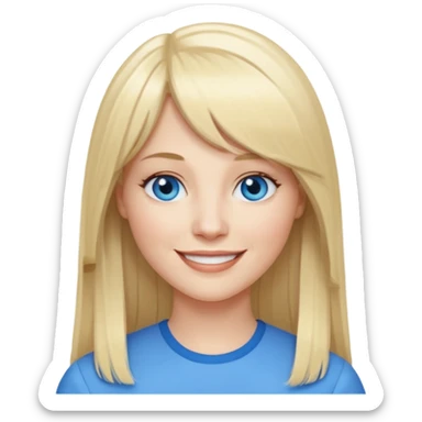40 yr old white woman, pale skin, long straight blond hair parted in center, blue eyes, bangs sticker