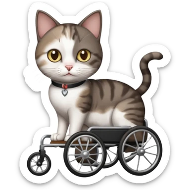 full body small short hair dark brown and white cat with hazel eyes walking in a wheelchair for cats sticker