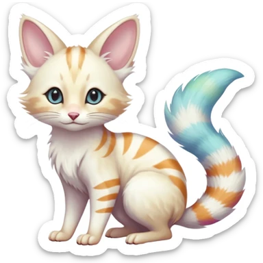  cute adorable white albino fur with random colorful iridescent markings beautiful elegant pretty precious cute  Fakémon-Pokémon-alien-opossum-feline-serval-caracal-chinchilla-Minccino-hybrid-creature with a big fluffy bushy striped tail (full body) sticker