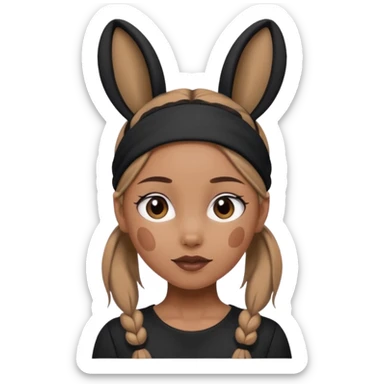 "A tan-skinned person with a high brown ponytail wearing a headband with black bunny ears. The character is dressed in a stylish black outfit. The emoji style should be cute, expressive, and modern — simple but detailed enough to show the ponytail, bunny ears, and outfit clearly." sticker