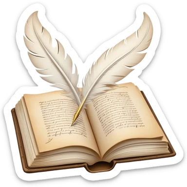 Create a poetic and elegant emoji representing poetry. The design should feature several vintage, gracefully flying pages with short, poetic columns written on them. A white feather quill should be depicted writing on one of the pages, with ink flowing smoothly. The pages should have a soft, antique look, with subtle details to convey the delicate nature of poetry. Use soft, light colors with a romantic, airy feel. Make the background transparent. sticker