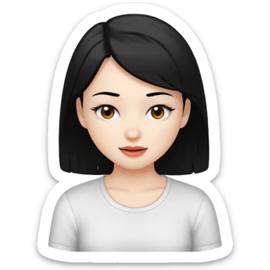 a girl with white skin, black hair, brown eyes, and a white shirt, winking sticker