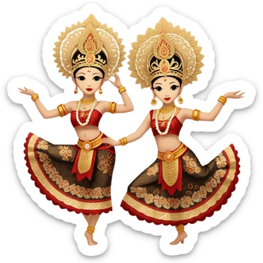 ​Cinematic Realistic Traditional Javanese Dancers, depicted as two graceful dancers in ornate traditional costumes with intricate batik patterns and elaborate headpieces, captured in dynamic poses during a ritual dance in an ancient temple courtyard, rendered with soft golden lighting and rich cultural textures, sticker