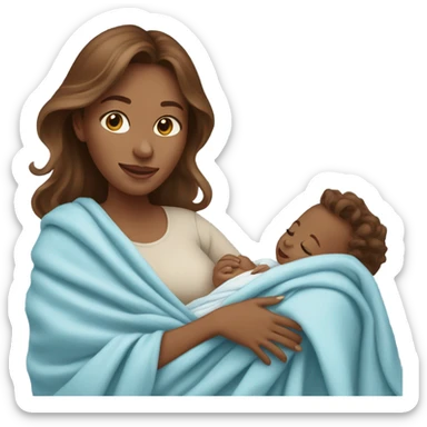 light brown woman with long wavy brown hair holding newborn baby boy with light blue blanket  sticker