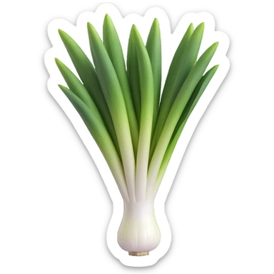 whole fresh leek with long white stalk transitioning to vibrant green leaves, slightly curved shape, layered leaf structure at the top, cleanly trimmed roots at the base, smooth matte surface, subtle color gradient from base to tip, no dirt, clean 3D rendering, soft lighting, emoji scale sticker