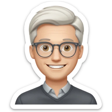 30 yr old pale white man, white/grey side swept stylish hair, round glasses, big smile, white teeth, handsome, longer hair, thin glasses,  smooth forehead, open collar, trendy sticker
