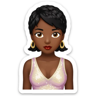 Chilli from TLC with dark skin, black hair, ivory sequin outfit sticker