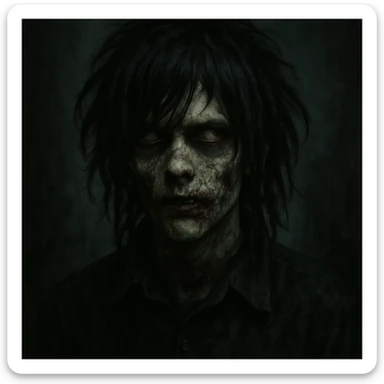 zombie boy with black medium length dreads, emo style, shaggy hair, dark and spooky, creepy and spooky face sticker