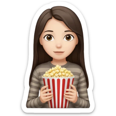 girl with dark brown straight long hair, striped light brown sweater, gray eyes, holding popcorn in her hands sticker