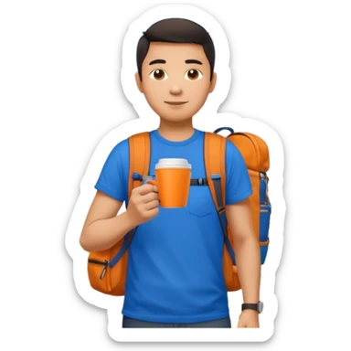 an asian man in blue t-shirt with orange cup of coffee and backpack on the back. Eiffel tower on the background sticker