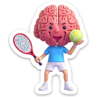 a brain holding a tennis racket, ready to serve, playful 3D emoji style sticker