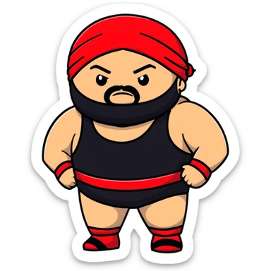 White skin fat guy with black durag, black beard, and black eyes in a red and black wrestling singlet sticker