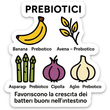 Add Italian labels next to each food item: "Banana — Prebiotico", "Avena — Prebiotico", "Asparagi — Prebiotico", "Cipolla — Prebiotico", "Aglio — Prebiotico". Add the title "PREBIOTICI" at the top and the phrase "Favoriscono la crescita dei batteri buoni nell’intestino" at the bottom. Maintain a clean and modern style with lineal color icons and black outlines. sticker
