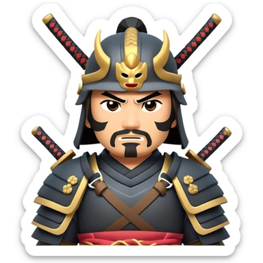 clash-of-clans-aesthetic_-cinematic-fearsome-and-majestic-samurai-bust-portrait-emoji, rendered in a flat, vector-style with minimal shading and bold, simplified shapes typical of emoji art, depicting a battle-hardened samurai with steely eyes and traditional black Japanese armor. The samurai is riding a noble grey warhorse adorned with an intricately designed saddle and fluttering banners, against a backdrop of cherry blossoms and a rising sun. sticker