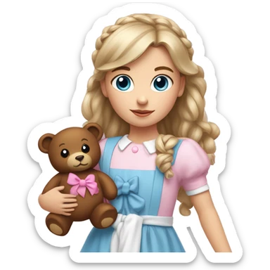Little white girl with blue eyes and bronze hair in two ponytails with two bows. A pink pacificer in her mouth. She is wearing a pink and White dress and holding a teddybear. sticker