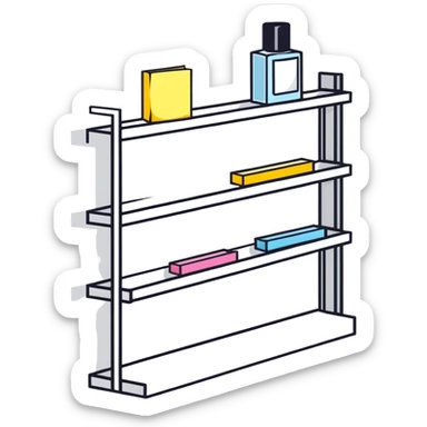 big long white shelf with luxury brand serum and big sticky note sticker
