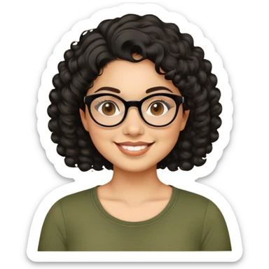 Latina in her early 30s with light tan complexion. Round face with prominent cheeks. Smiling with visible dimples. Dark eyes with black-framed glasses. Short defined curly black hair. Wearing a casual olive green top. sticker