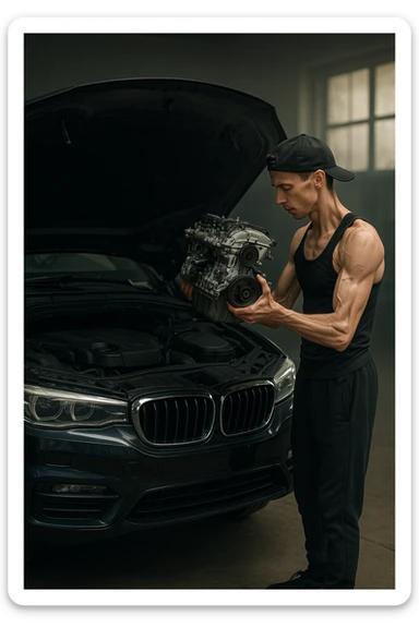 a lean, slimmed-down bodybuilder in gym clothes stands beside a large, imposing car (like an SUV or luxury sedan) with the hood open. Con attenzione e un po’ di fatica, solleva e installa un piccolo motore nel grande vano motore dell’auto. Il contrasto tra la stazza dell’auto e la dimensione ridotta sia del motore che del bodybuilder è evidente. L’atmosfera è riflessiva e simbolica. sticker