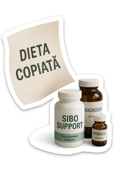 FOGLIO DI CARTA FLUTTUA IN ARIA CON LA SCRITTA "DIETA COPIATA", INSIEME A BARATTOLI DI INTEGRATORI PER CURARE IL SIBO, IPERREALISTICO 4K, NON DISEGNATO sticker