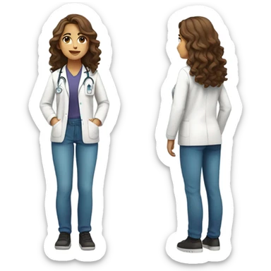 a full body medical student 20 years old girl student tan skin, brown wavy hair waist length sticker