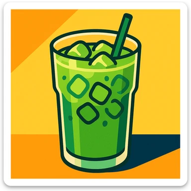 ice matcha latte in a glass with ice cubes, vibrant green color, modern style sticker