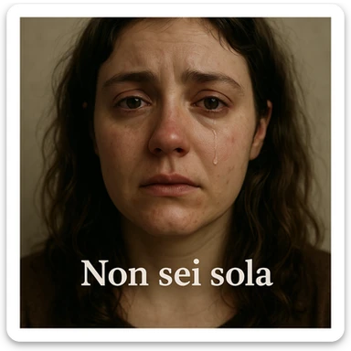 close-up of woman with PCOS, teary eyes and lost gaze, tear on face, neutral background, vulnerable atmosphere, Italian text: 'Non sei sola', 4K quality sticker