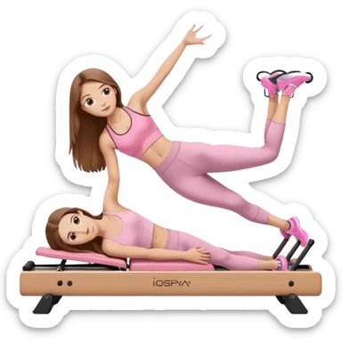 pretty caucasian teen with hazel eyes long brown hair wearing light pink workout clothes doing a plank on a pilates reformer sticker