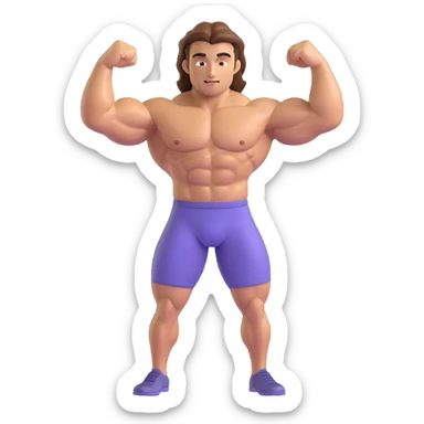Make a man with hair flexing muscles emoji that looks exactly like the reference image, in iOS emoji style. 3D, shiny, smooth gradients, soft shadows, muscular body, expressive face, and hair. Add a subtle highlight to the muscles. sticker