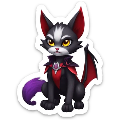 Anthro-Cute-Edgy-Cool-Vampiric-Batty-Cat-Black-Purple-Red-Grey-White-Yellow-Contrast-Colors-Fantasy-Fur-Sona-Chibi-Shiny-Fakémon-Hybrid with horns and fangs and collar full body sticker