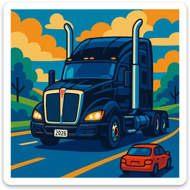2026 Black Kenworth T680 Sleeper semi truck with tall chrome muffler stacks, headlights on, driving down a road with a car in front, stylized illustration, day scene sticker