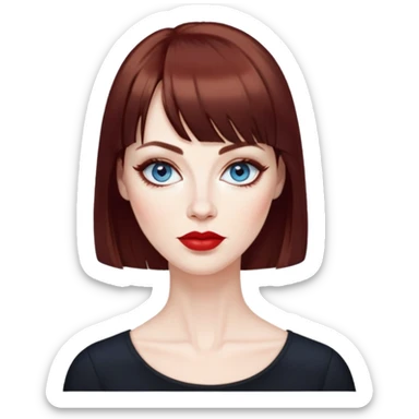Woman in her late 40s with pale skin, wider face, blue eyes with eyeliner, thin eyebrows, small nose, red lipstick, dark auburn hair with bangs, wearing a black top sticker