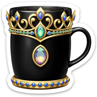Hyperrealism, jet black coffee mug with detailed sparkly gold with black opal gemstones of a tiara embellishment, isolated, still life, 600dpi sticker
