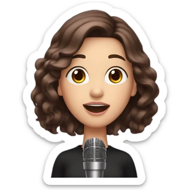 Caucasian woman with long dark brown hair and pink highlights, chubby, with a microphone singing, wearing a black sweater sticker