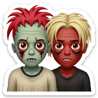 make two zombie boys, one with dreadlocks half blonde and half black, short, and the second with dreadlocks also with red roots, and hair reaching the shoulders  sticker