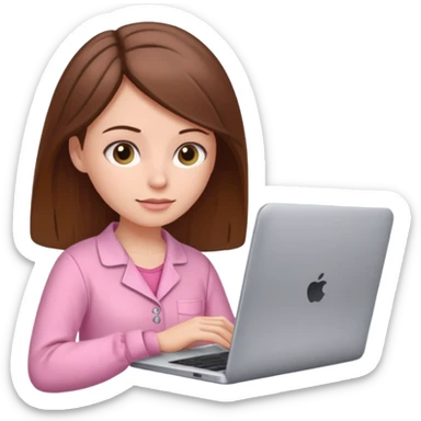 A brown hair, white skin woman at home with pink pajamas scrolling, with a laptop open to a work document sticker