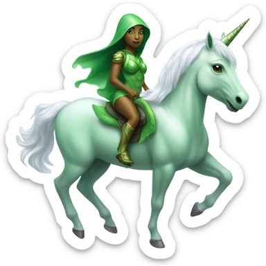 a green amazon alien woman on a four-legged white unicorn sticker