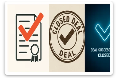 A checkmark stamped on a document, signifying a closed deal, in four distinct visual interpretations. sticker
