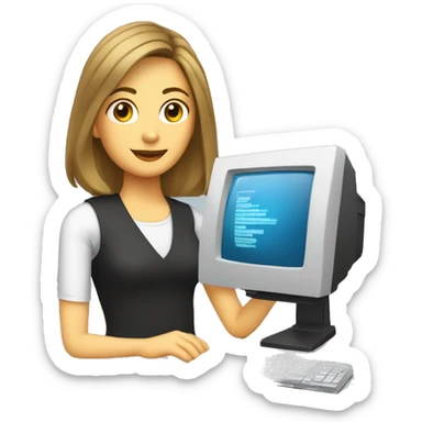 woman with dark blonde shoulder length hair holding a computer with Powerpoint on the screen of the computer sticker
